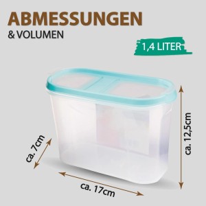 Bestlivings Frischhaltebox Schüttdose 1,4L, türkis, mit Maßangaben.