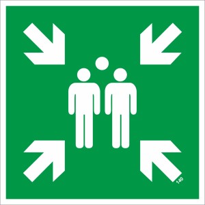 Grünes Sammelplatz-Schild 14,8x14,8 cm mit weißem Sammelplatz-Symbol und Pfeilen.