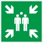 Grünes Sammelplatz-Schild 14,8x14,8 cm mit weißem Sammelplatz-Symbol und Pfeilen.