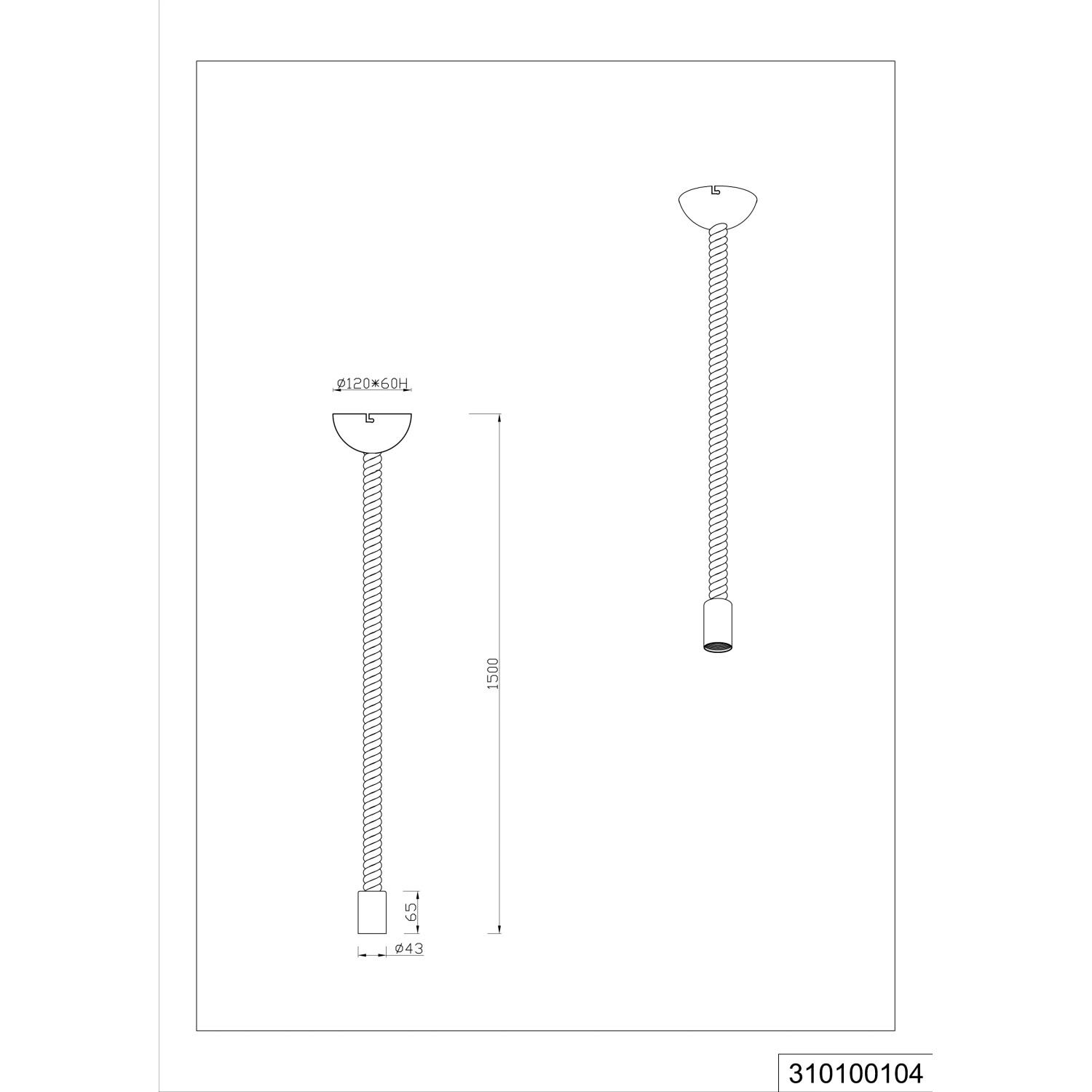 Technische Zeichnung der Trio Deckenlampe Rope, altmessing, 1-flammig, 150 cm, E27. Maße der Pendelleuchte.