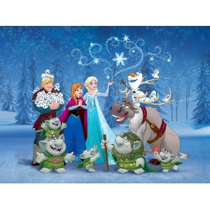 Disney Fototapete "Die Eiskönigin" (360x270 cm) mit Elsa, Anna, Kristoff, Olaf und Sven vor Winterlandschaft.