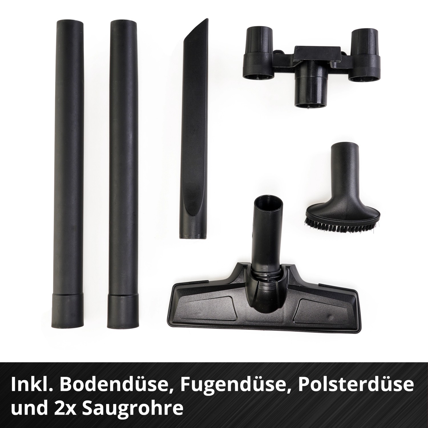 Zubehör für Einhell Akku-Handstaubsauger: Düsen (Boden, Fugen, Polster) und Saugrohre.
