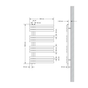 Technische Zeichnung: LuxeBath Badheizkörper Iron EM 600x1000 mm, schwarz matt, mit Maßen und Wandabstand.