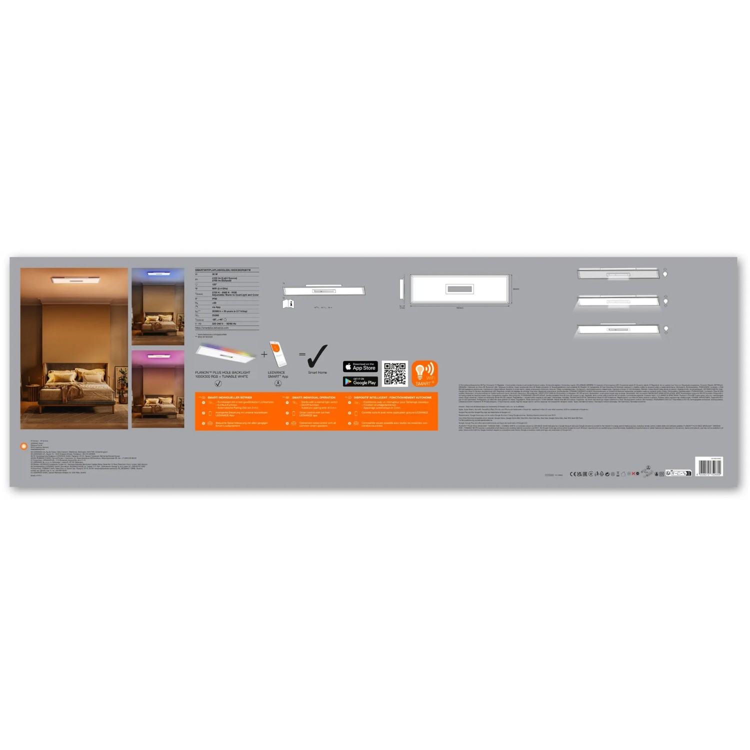 Verpackung der Ledvance Smart+ WiFi Panelleuchte Planon Plus 100x30 cm mit RGBTW Rücklicht.