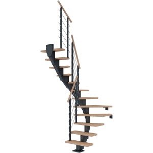 Dolle Mittelholmtreppe Frankfurt, Eiche weiß, anthrazit, 1/2 gewendelt, mit Geländer.