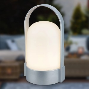 Brilo Akku-LED-Tischleuchte in Chrom-Matt, ideal für Außenbereiche. Dekorative Außenleuchte mit warmweißem Licht.