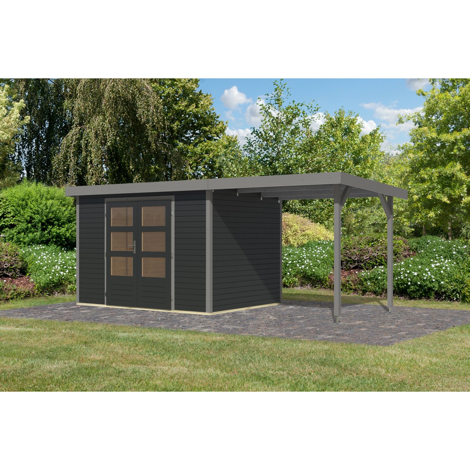 Karibu Gartenhaus Ernesto 4 C m. Anbaudach Anthrazit/Grau 209 x 298 x 213 c günstig online kaufen