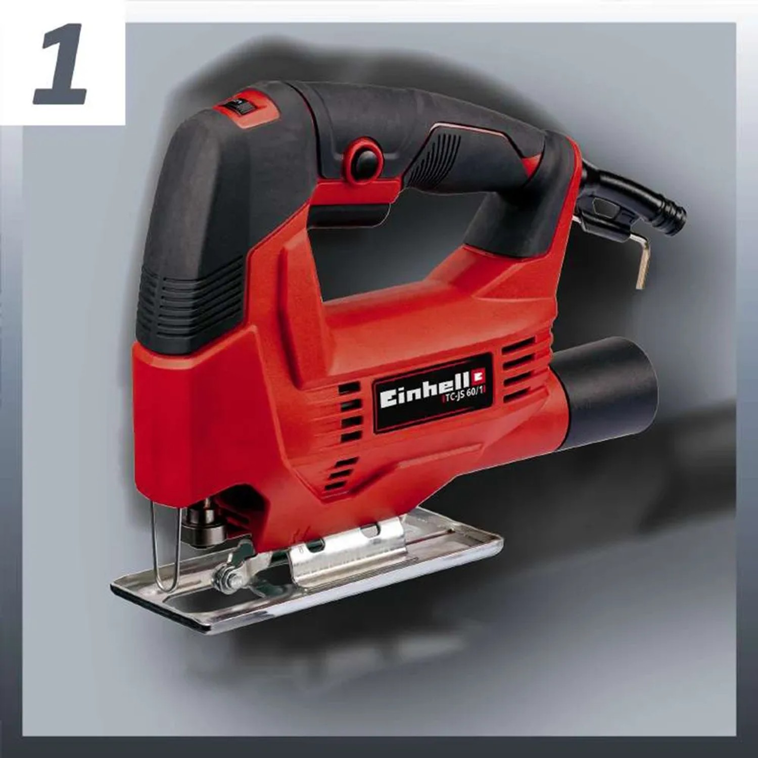 Einhell Stichsäge TC-JS 60/1: Rote Stichsäge mit schwarzem Griff und silberner Fußplatte.