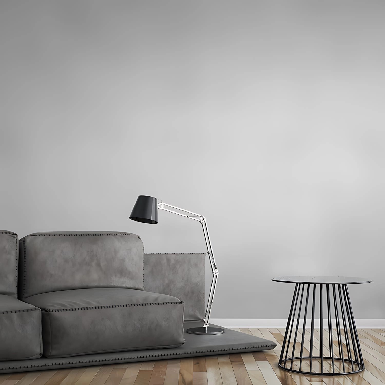 Weiße, matte Struktur Tapete PROFHOME Textiloptik 953461-GU (1,06x25m) an grauer Wand.