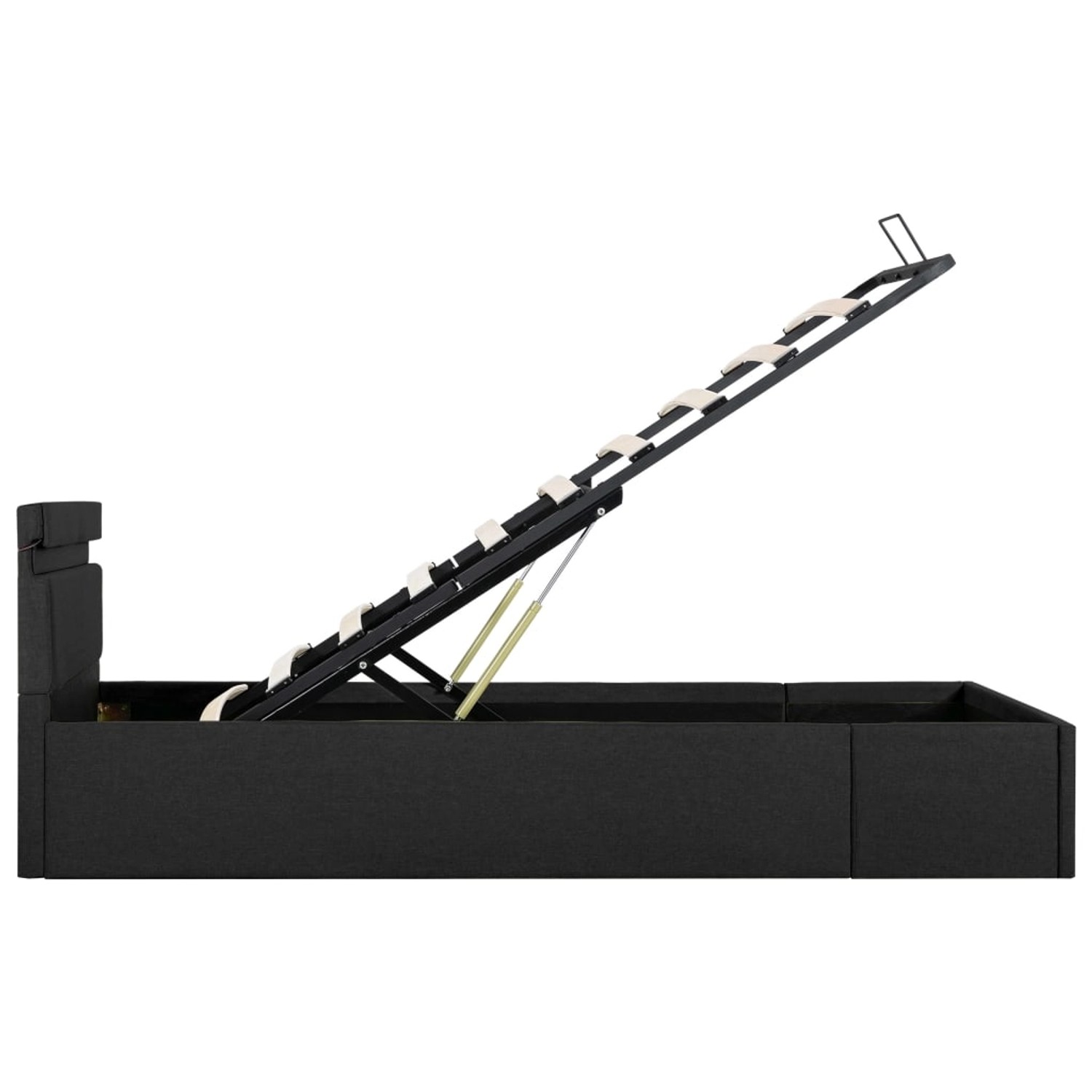 Geöffnetes, dunkelgraues Stoffbett (90x200 cm) mit Bettkasten und Lattenrost. Hydraulisch unterstützt.