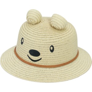 Beiger Kinder-Strohhut mit Bär-Design, Ohren und braunem Band. Ideal als Sonnenhut für Mädchen.