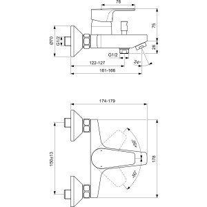 Technische Zeichnung: Ideal Standard Esla Wannenarmatur Aufputz, Chrom, mit Maßangaben.