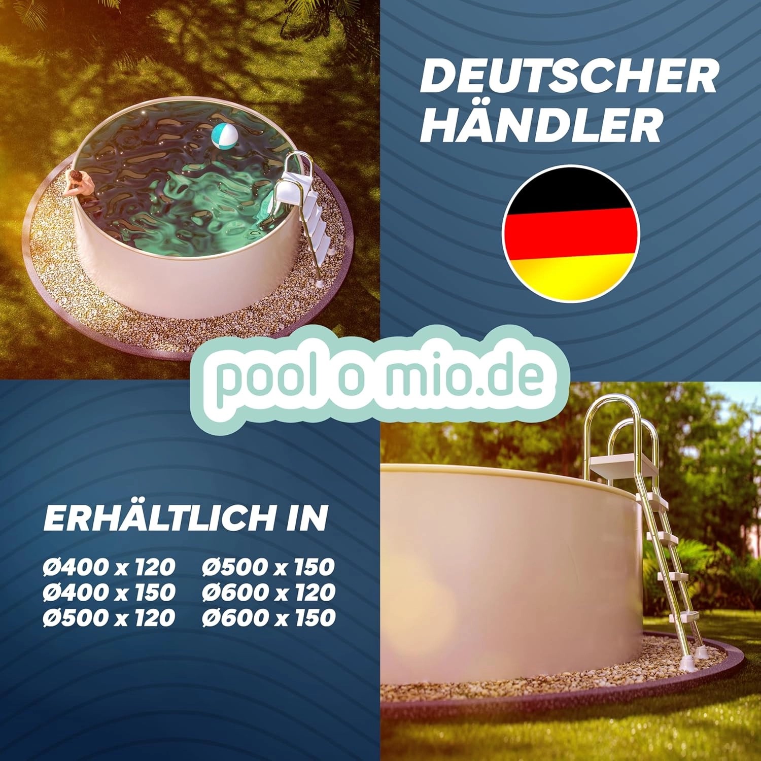 Runder Poolomio Stahlwandpool 600x150 cm mit Leiter, eingebaut im Garten.