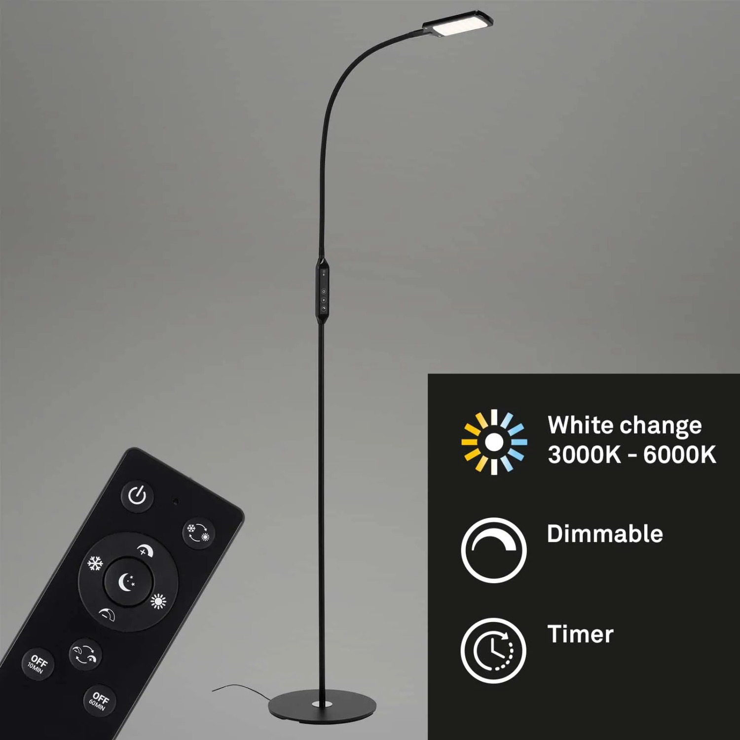 Schwarze, dimmbare Brilo Stehleuchte Office mit Fernbedienung und Touch-Funktion.