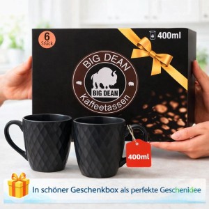BigDean 6 Kaffeebecher 400 ml Schwarze Kaffeetassen Steingut Waffeldesign