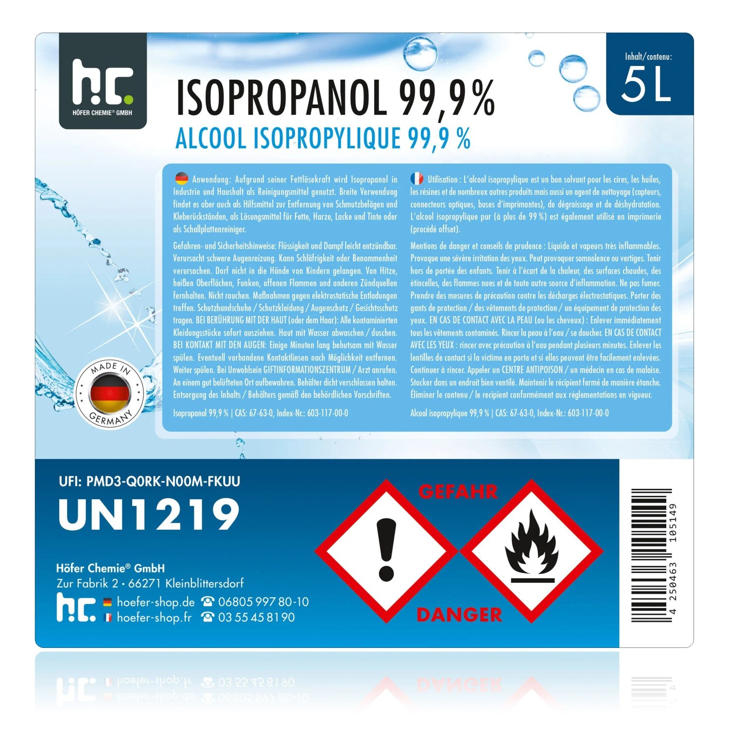 Kanister mit 5l Isopropanol 99,9% von Höfer Chemie, Reinigungsmittel und Entfetter.