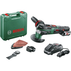 Bosch AdvancedMulti 18V Akku-Multifunktionswerkzeug Set mit Akku, Ladegerät und Zubehör im Koffer.