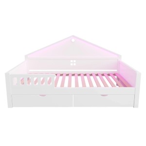 Weißes Merax Kinderbett 90x200cm mit Hausform, LED-Beleuchtung, zwei Schubladen und Lattenrost.