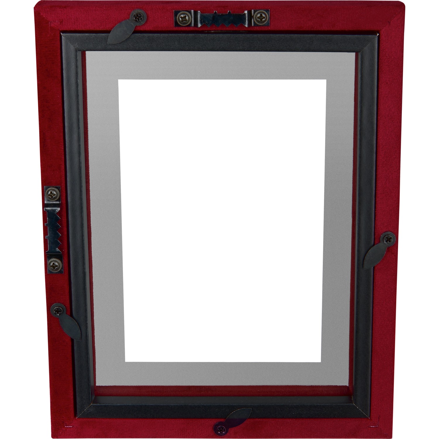 Rückseite des Bordeaux-farbenen Bilderrahmens in Samtoptik (10x15 cm) mit Aufhängern.