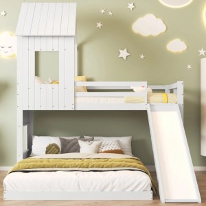okwish Etagenbett 90×200 Kinderbett mit Rutsche Fallschutzgitter und Dach ohne Matratze