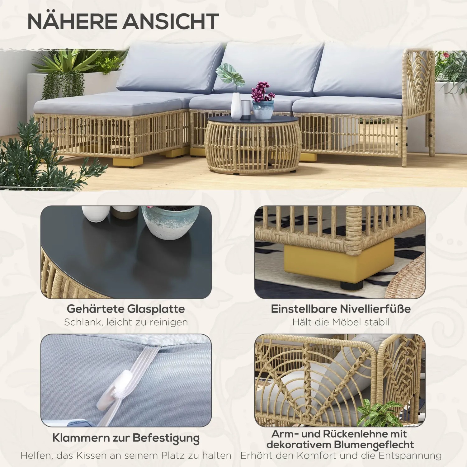 Outsunny Rattan Gartengarnitur, beige-grau, mit Tisch und Polstern. Gartenmöbel-Set für Terrasse und Garten.