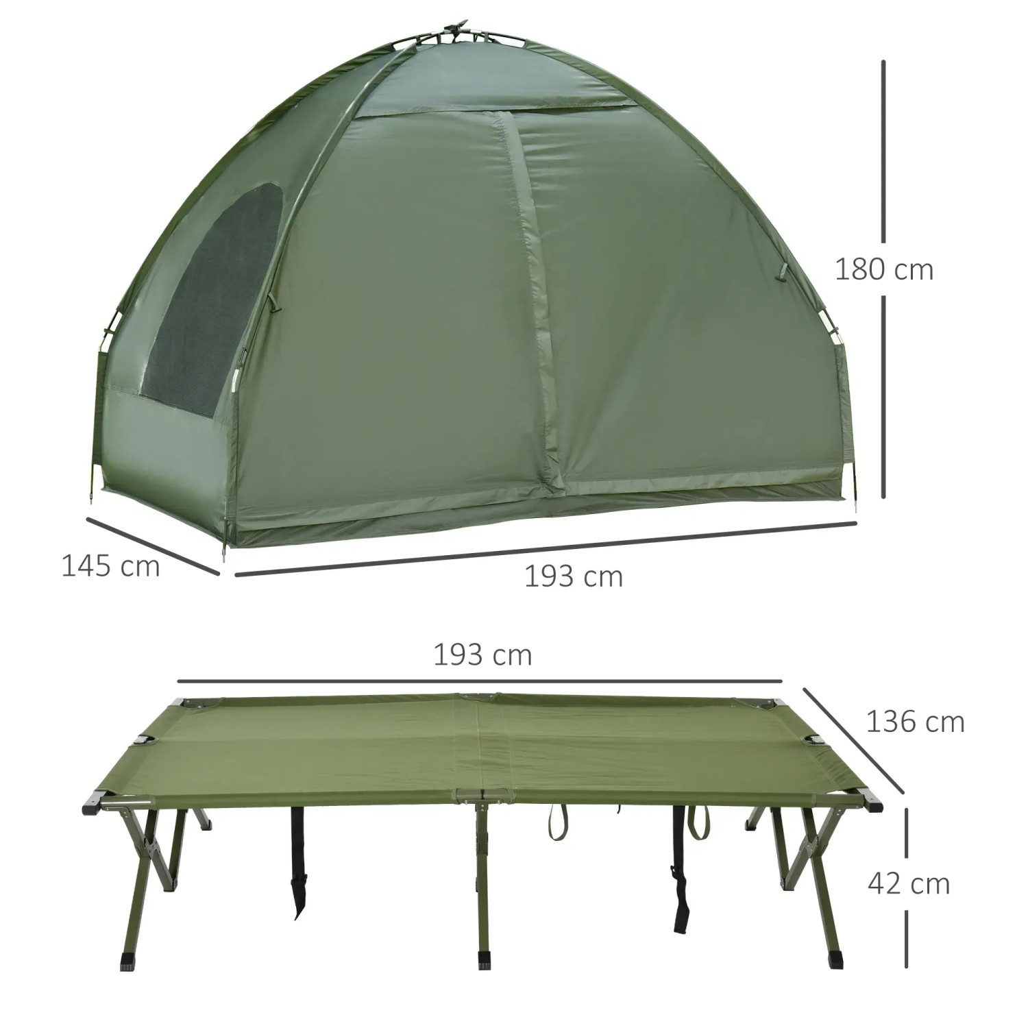 Outsunny Feldbett-Set: Zelt und Feldbett aus Taft/Oxfordstoff, Alulegierung und Stahl, grün.