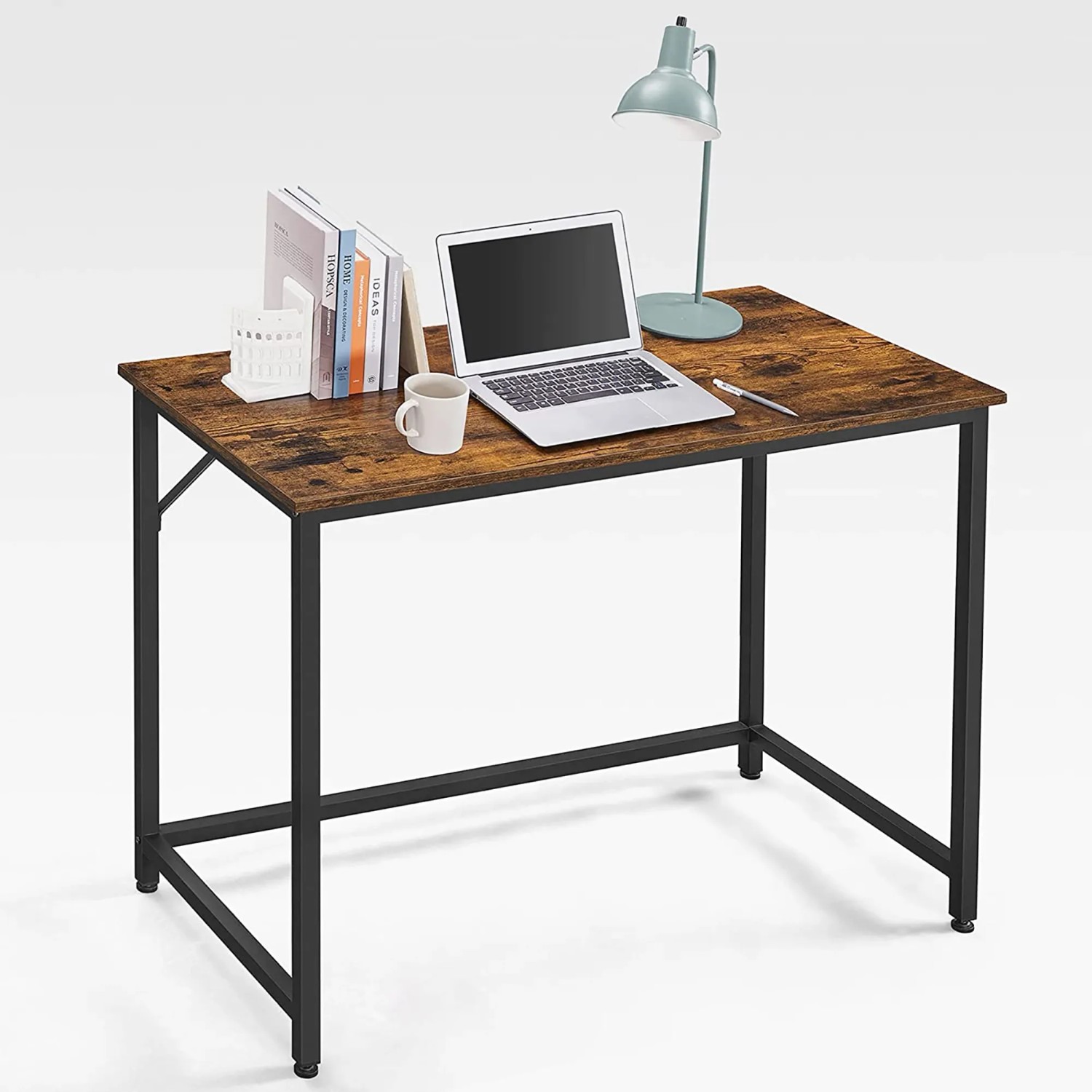 Vasagle Computertisch, 100x50 cm, braun-schwarz, mit Laptop, Lampe und Büromaterial