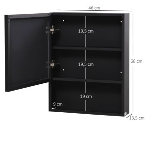 Kleankin Spiegelschrank, schwarz, 46x13,5x58cm, mit offener Tür und zwei Glas-Innenböden.