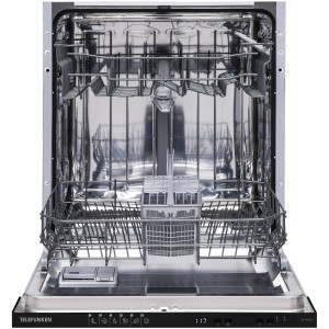 Offener Telefunken Einbaugeschirrspüler GEV6012D, 60 cm, mit Edelstahl-Innenraum und Besteckkorb.