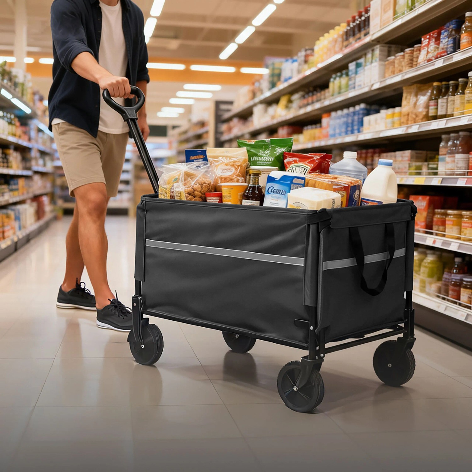 Schwarzer faltbarer Bollerwagen mit Teleskopgriff, gefüllt mit Einkäufen, wird in einem Supermarkt geschoben.