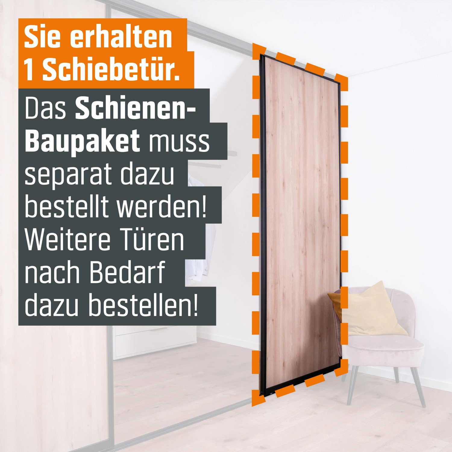 Schiebetür-Baupaket in Buche Naturewood Dekor mit schwarzem Profil. Ideal für begehbare Schränke.