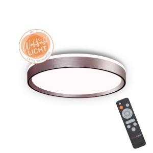 MegaLight Shining Pluto 40 rosé LED-Deckenleuchte mit gebürstetem Rahmen, Fernbedienung und dimmbarem Wohlfühllicht.