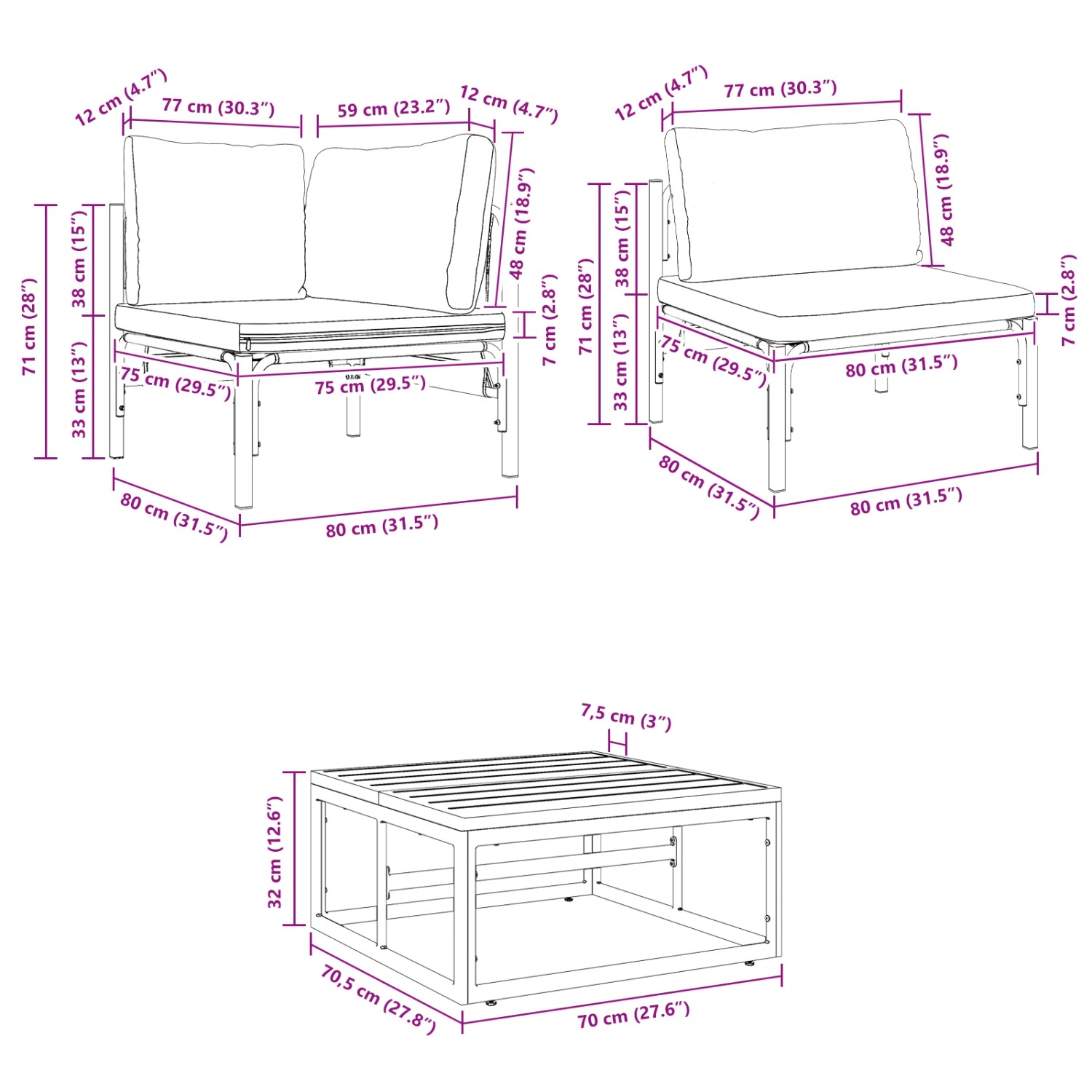 vidaXL Gartenmöbel-Set, 13-teilig, anthrazitfarben, Stahl, mit Sofa und Tisch (Maße im Bild)