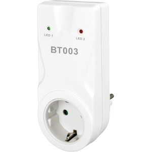 Funkempfänger Zwischensteckdose BT003 zur Steuerung von Heizungen. Weißes Gehäuse mit LEDs.