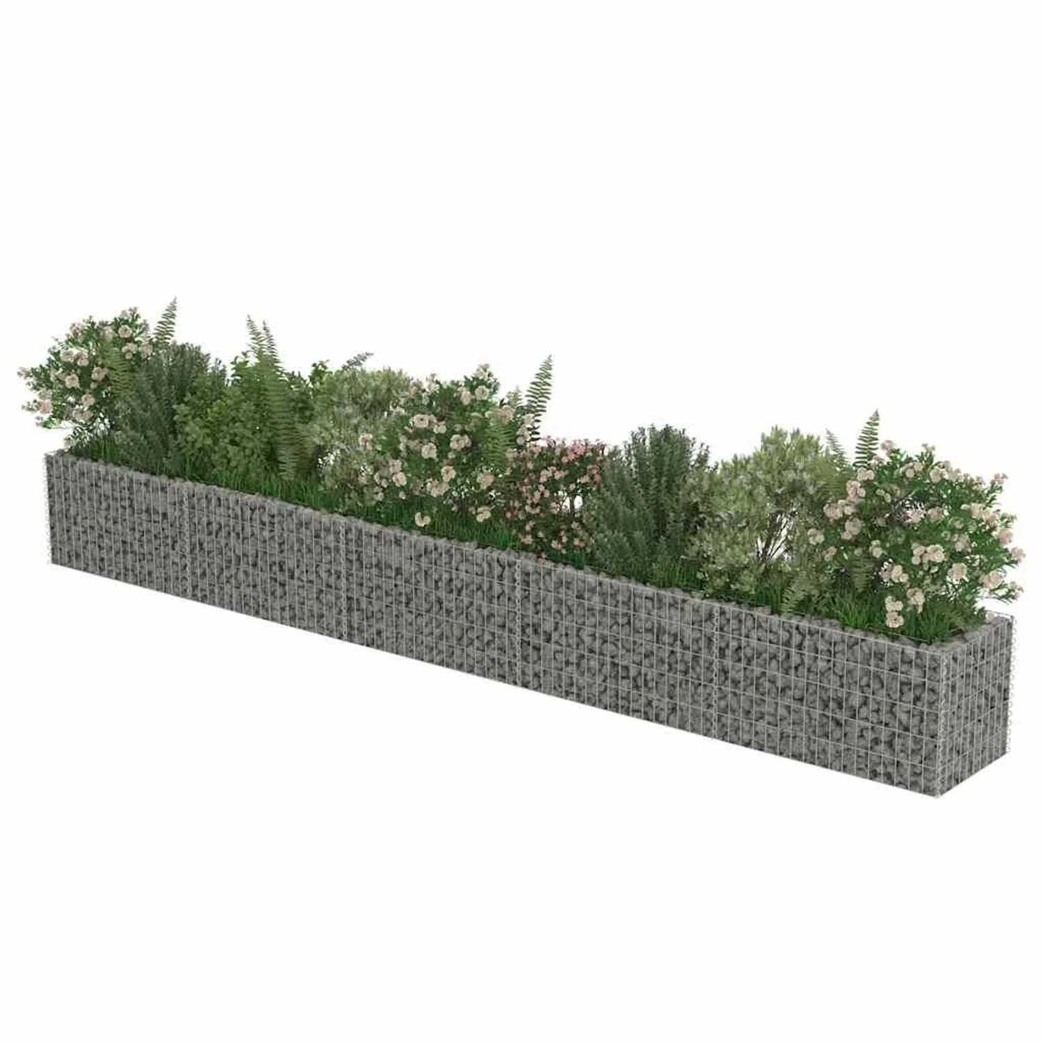 Langes Gabionen-Hochbeet aus verzinktem Stahl, silber, bepflanzt mit Blumen und Grünpflanzen. Ideal für Garten.
