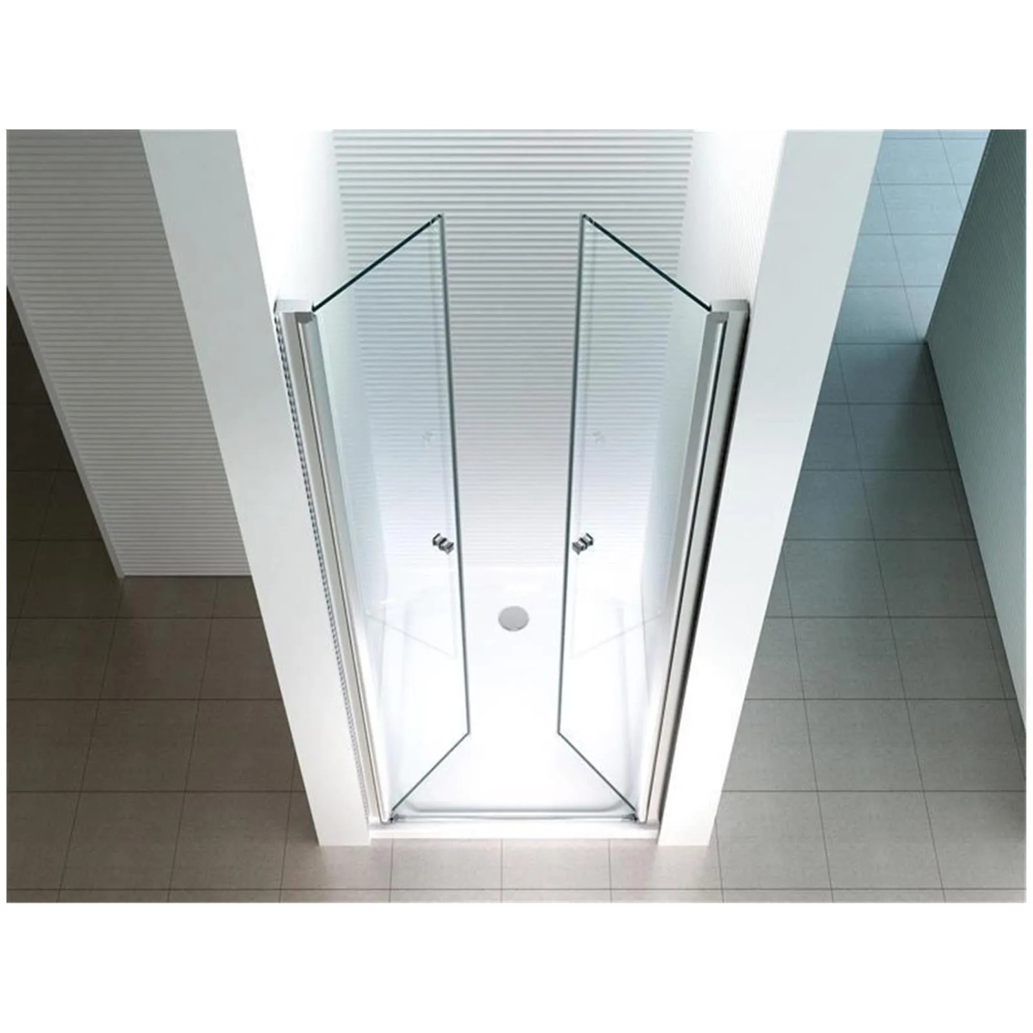 Glas Duschkabine mit zwei Pendeltüren, transparentes Glas und silberne Profile.
