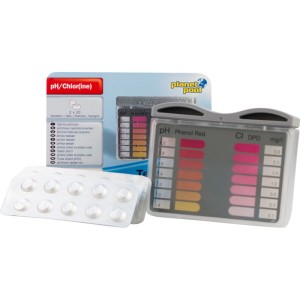 Planet Pool pH/Chlor Testbesteck mit Testgerät, Farbskala und Tabletten zur Poolwasseranalyse.