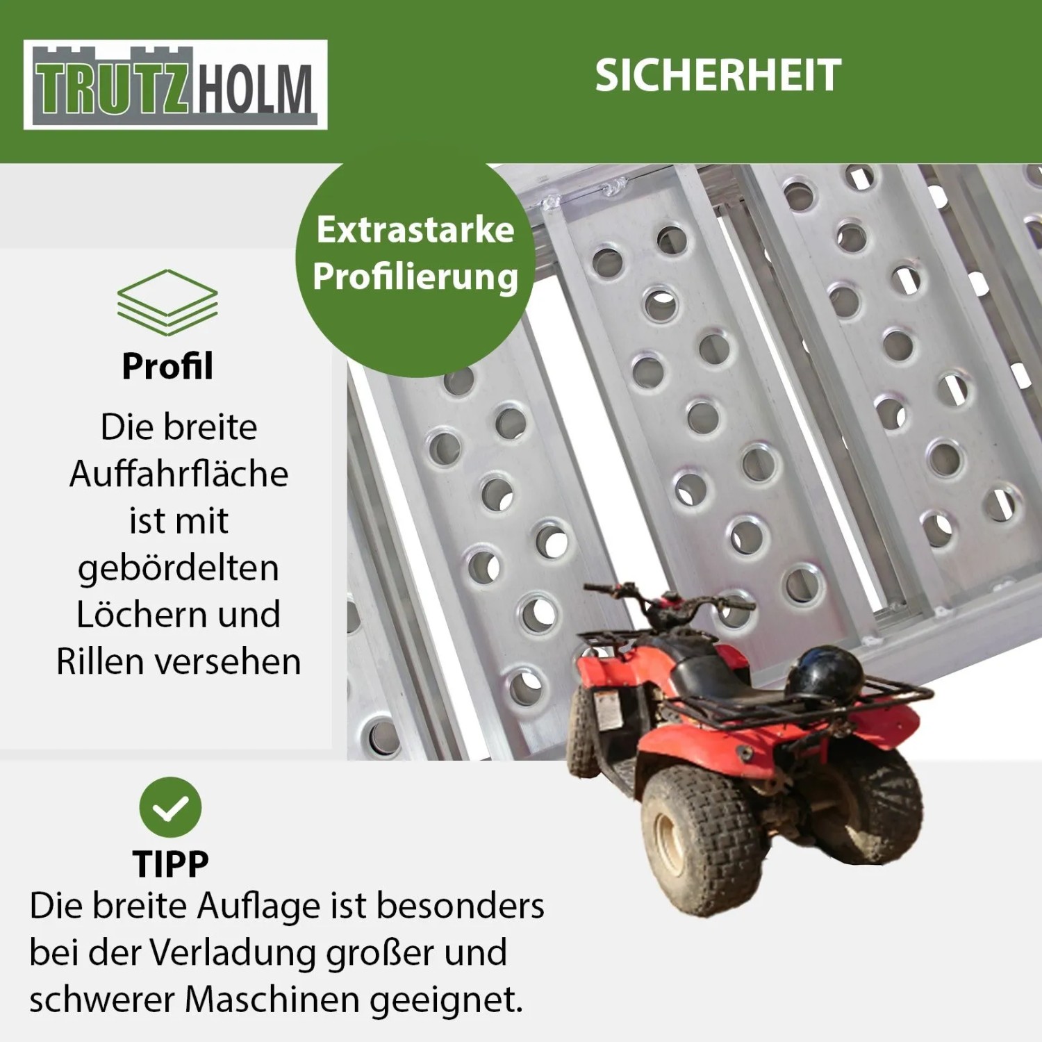 DREIBREIT Alu Auffahrrampe, 2-fach klappbar, mit Quad zur Demonstration der Tragkraft.