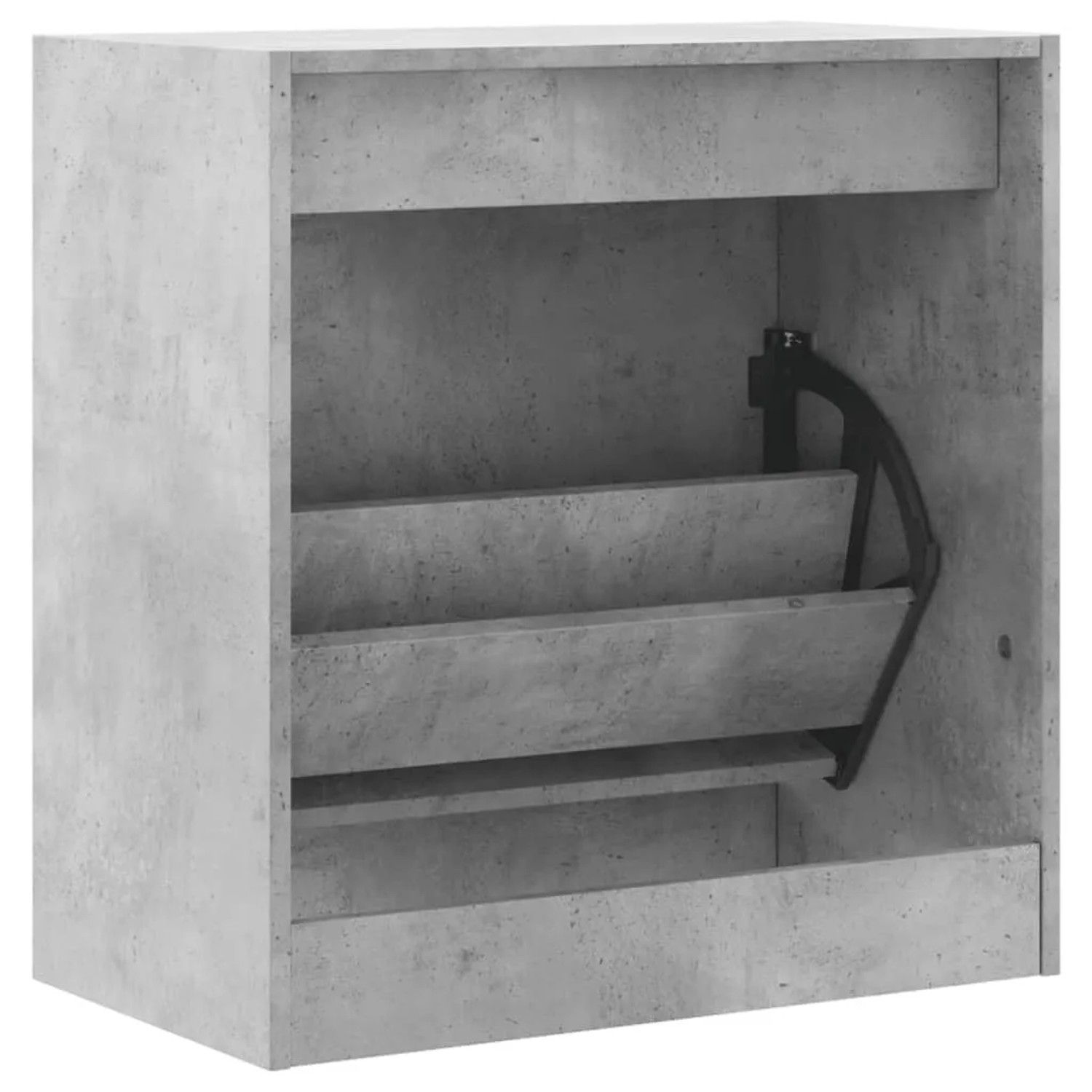 Kompakter Schuhschrank in Betongrau aus Holzwerkstoff mit einer Klappe und zwei Fächern zur Schuhaufbewahrung.