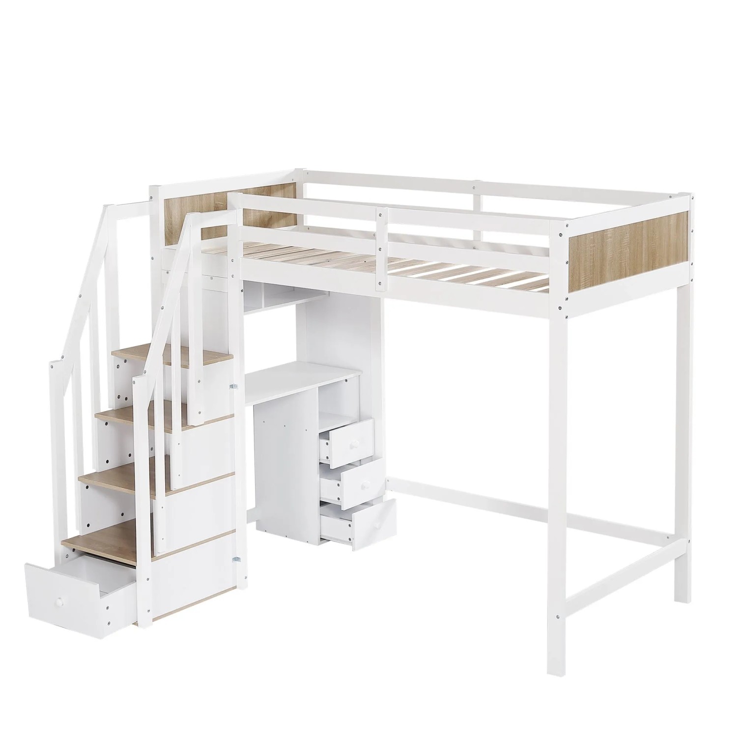 KOMHTOM Etagenbett 90x200Cm Kinderbett Mit Fallschutzgitter Schreibtisch Mit 3 Schubladen 4-Stufen-Leiterschrank Regal Kiefer Weiß+Natur