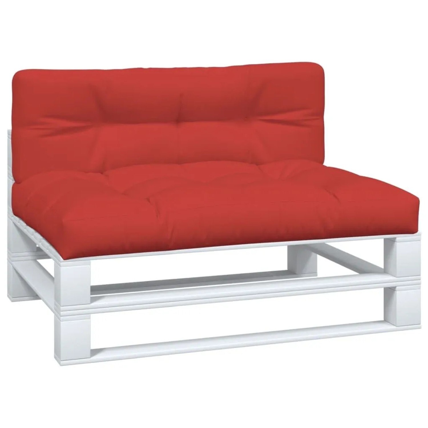 Rotes 2-teiliges Palettenkissen-Set aus Stoff für Sitz und Rücken, auf weißem Palettensofa.
