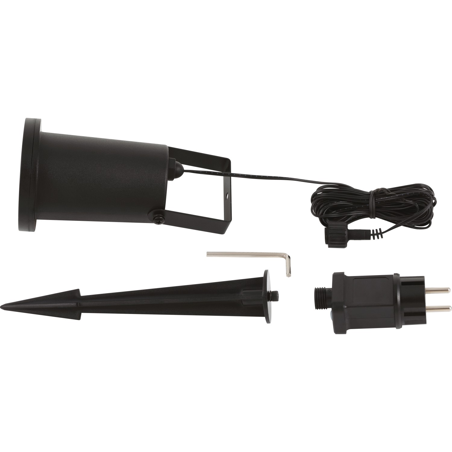 Schwarzer LED Projektor Schneeflocken für Außen, mit Erdspieß, Trafo und Zuleitung.