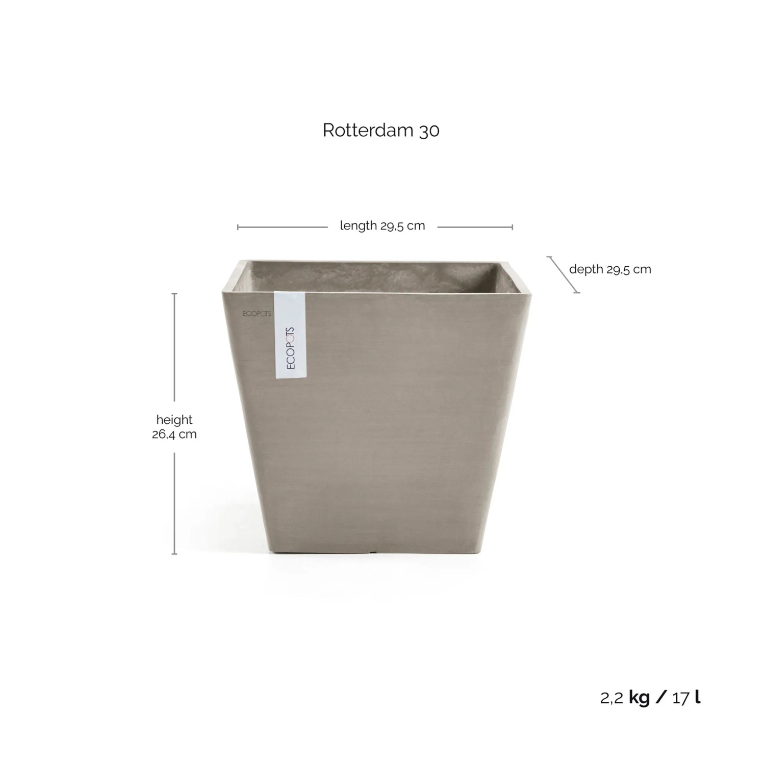 Quadratischer Ecopots Pflanztopf Rotterdam, braungrau, 30 cm. Ideal für Innen- und Außenbereich.