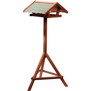 Vogelhaus aus Nadelholz mit Ständer und grünem Bitumendach. Vogelfutterspender.