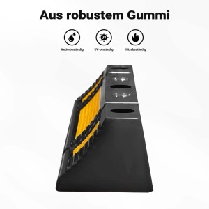 Schwarzer Gummi-Radstopper mit gelben Reflexstreifen und Schraublöchern. Robuste Einparkhilfe für Garage & Parkplatz.