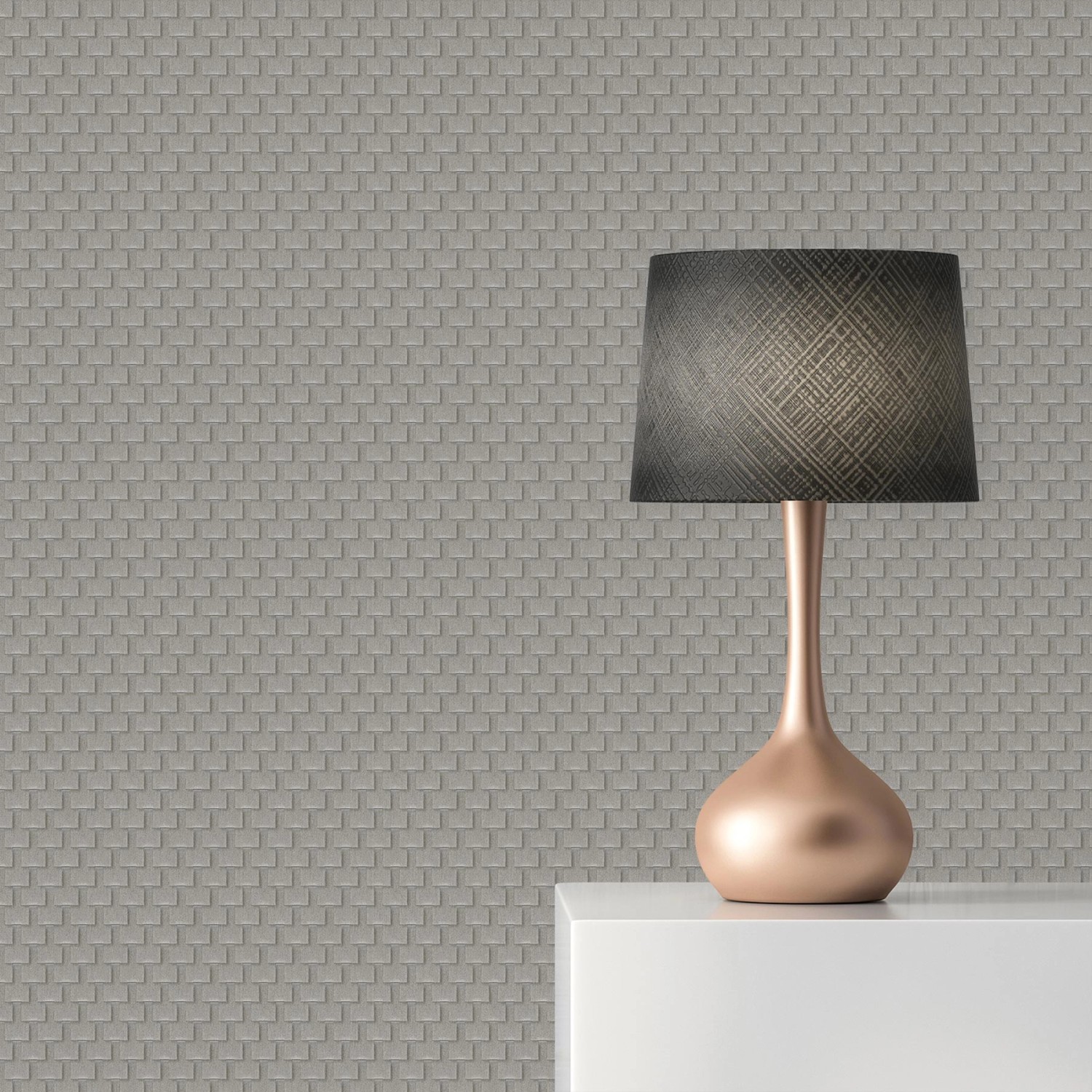 Graue Tadessi Vliestapete Uni M1 No 2253 mit dezenter Struktur und Lampe.