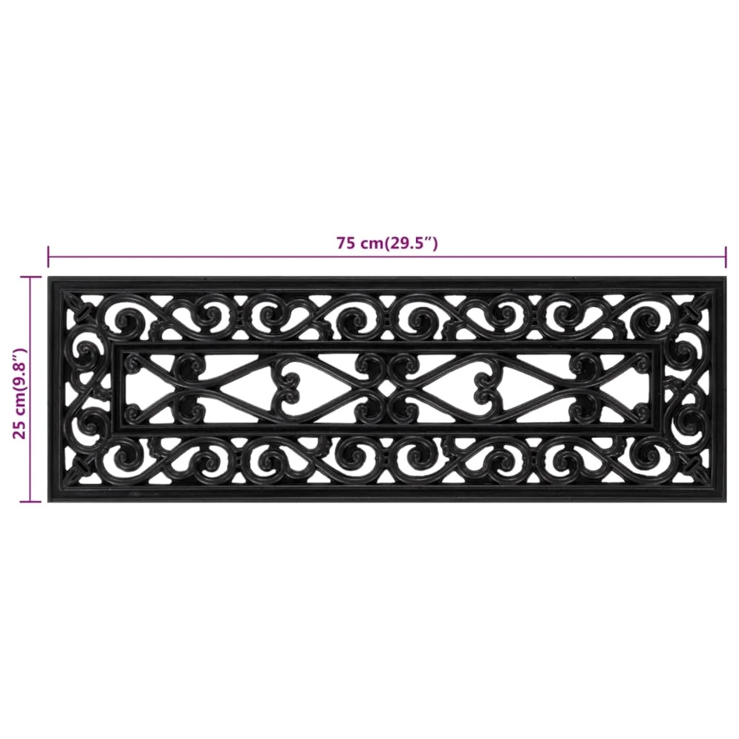 Schwarze Gummi Stufenmatte 25x75 cm mit Vintage-Muster. Rutschfeste Treppenmatte in Schmiedeeisen-Optik.