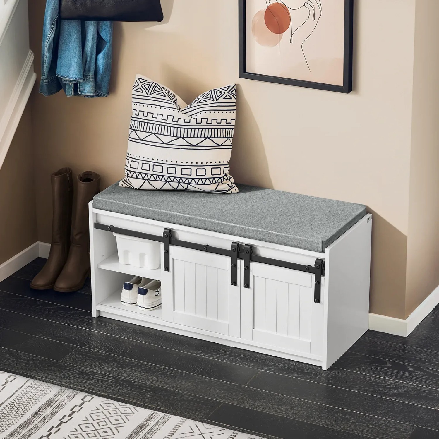 SoBuy Schuhbank mit Sitzfläche Sitzbank mit Stauraum Schuhregal 90x46x35cm Weiß FSR133-K-W_5