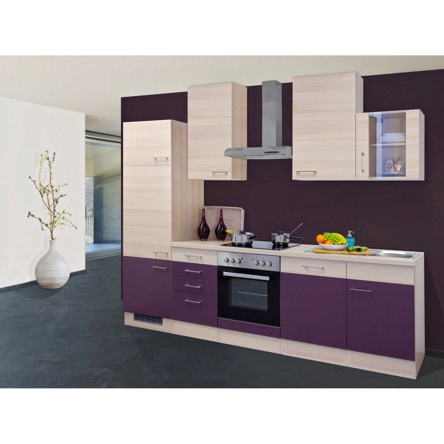Flex-Well Exclusiv Küchenzeile/Küchenblock Focus 280 cm Akazie-Aubergine