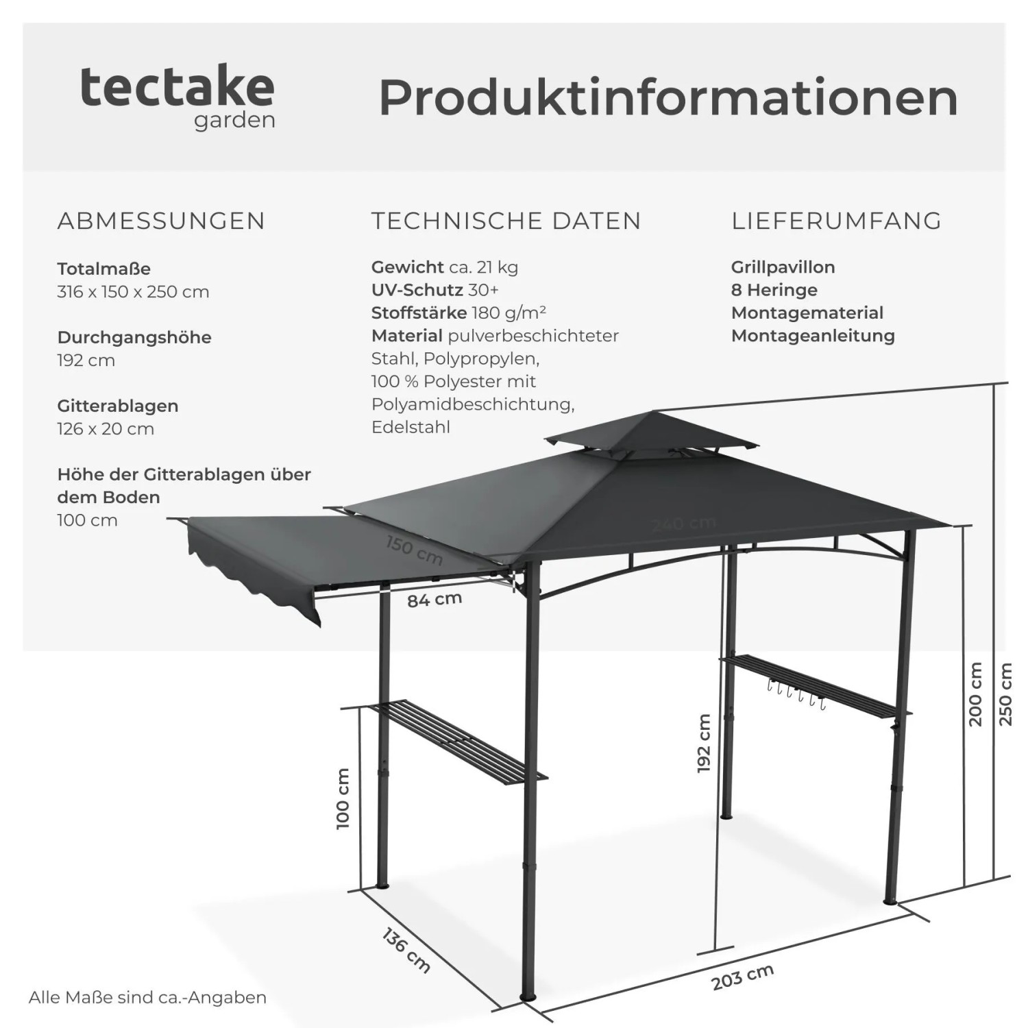 Anthrazitfarbener Tectake Grillpavillon Maracaibo mit klappbarer Markise und Doppeldach.